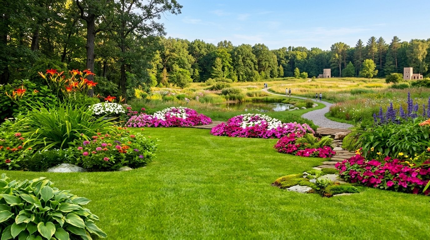 Green lawn with colourful flower beds and a garden path
