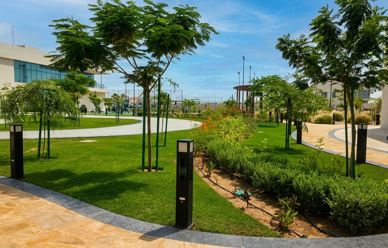 Lawns, trees and garden lighting at OMIFCO Club House